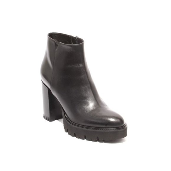 Italian Black Leather Zip-Up Ankle Heel Platform Boots - Picture 1 of 8